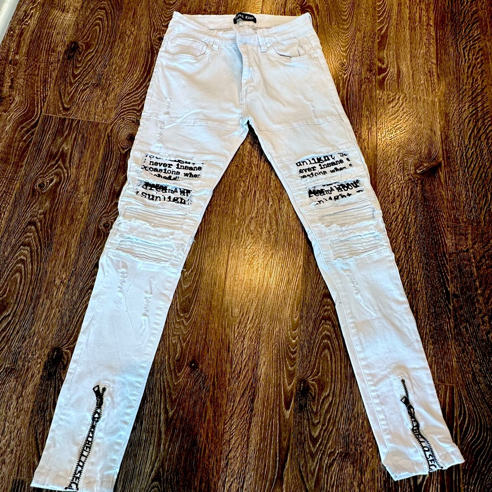 White Designer Jeans with Zip and Text - Size 32
